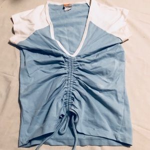BLUE AND WHITE, CINCHED FRONT - SHORT SLEEVE TOP